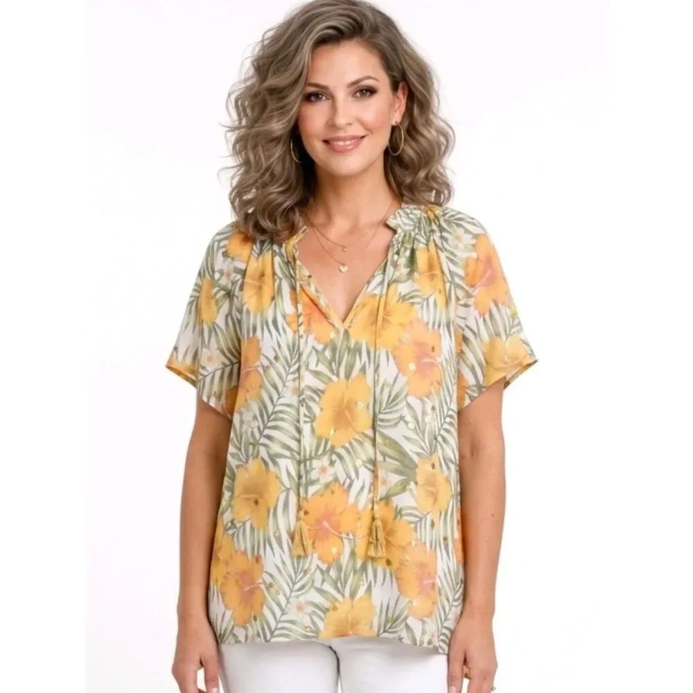 Alex & Parker Yellow Hibiscus Gathered V-neck Flutter Sleeve Blouse Size 2X NWOT